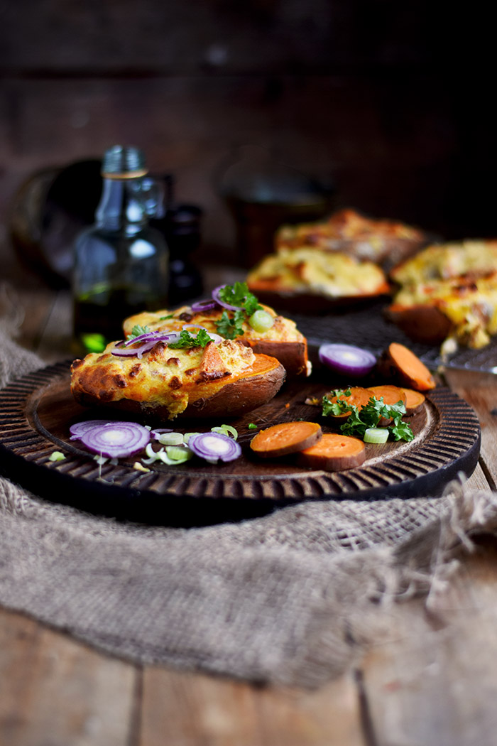 Süßkartoffel – Herzhaft gefüllt mit Pilzen und/oder Bacon im Ofen gebacken